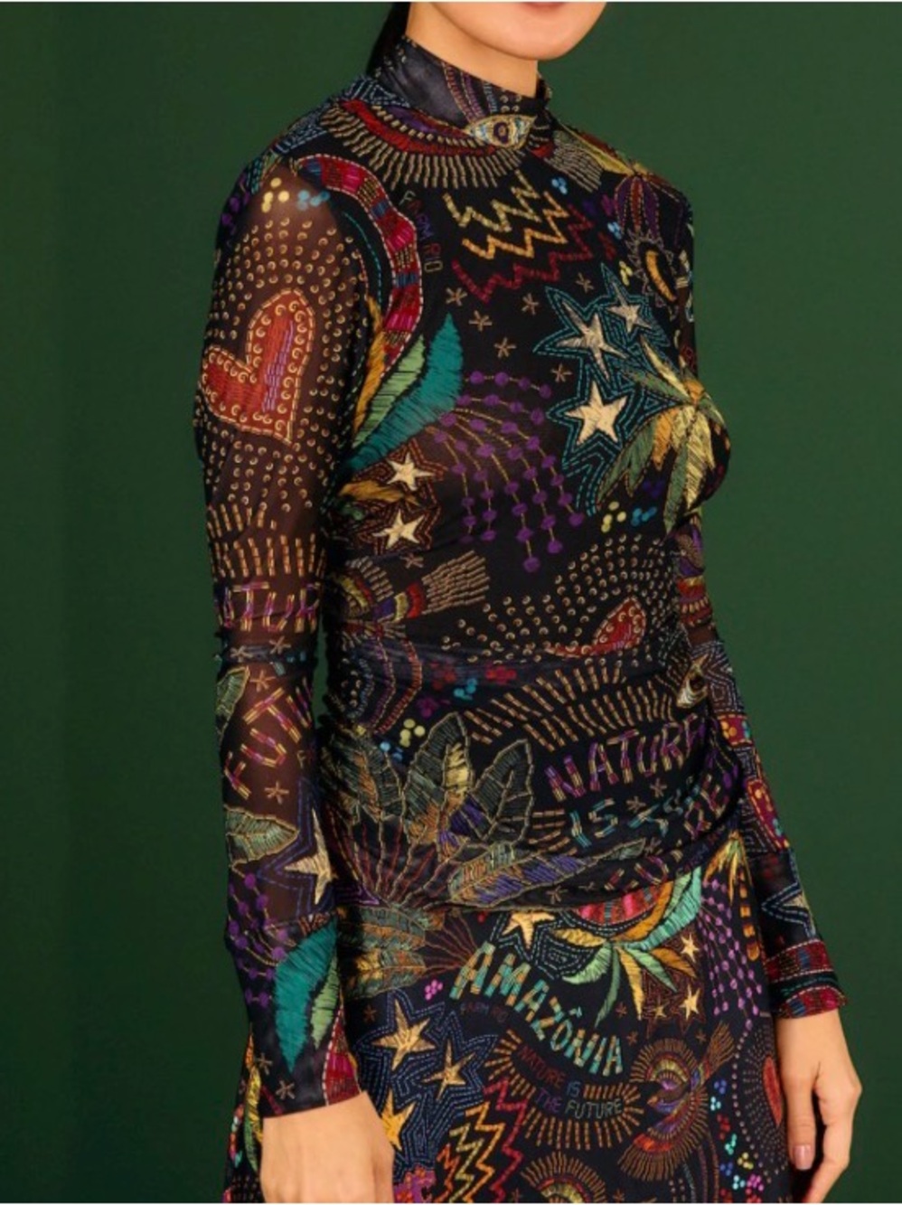 Farm Rio Amazonia Tulle Blouse Multicolor Sheer Mock Neck Size S - Picture 10 of 11